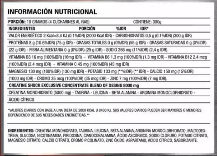 tabla nutricional Creashock